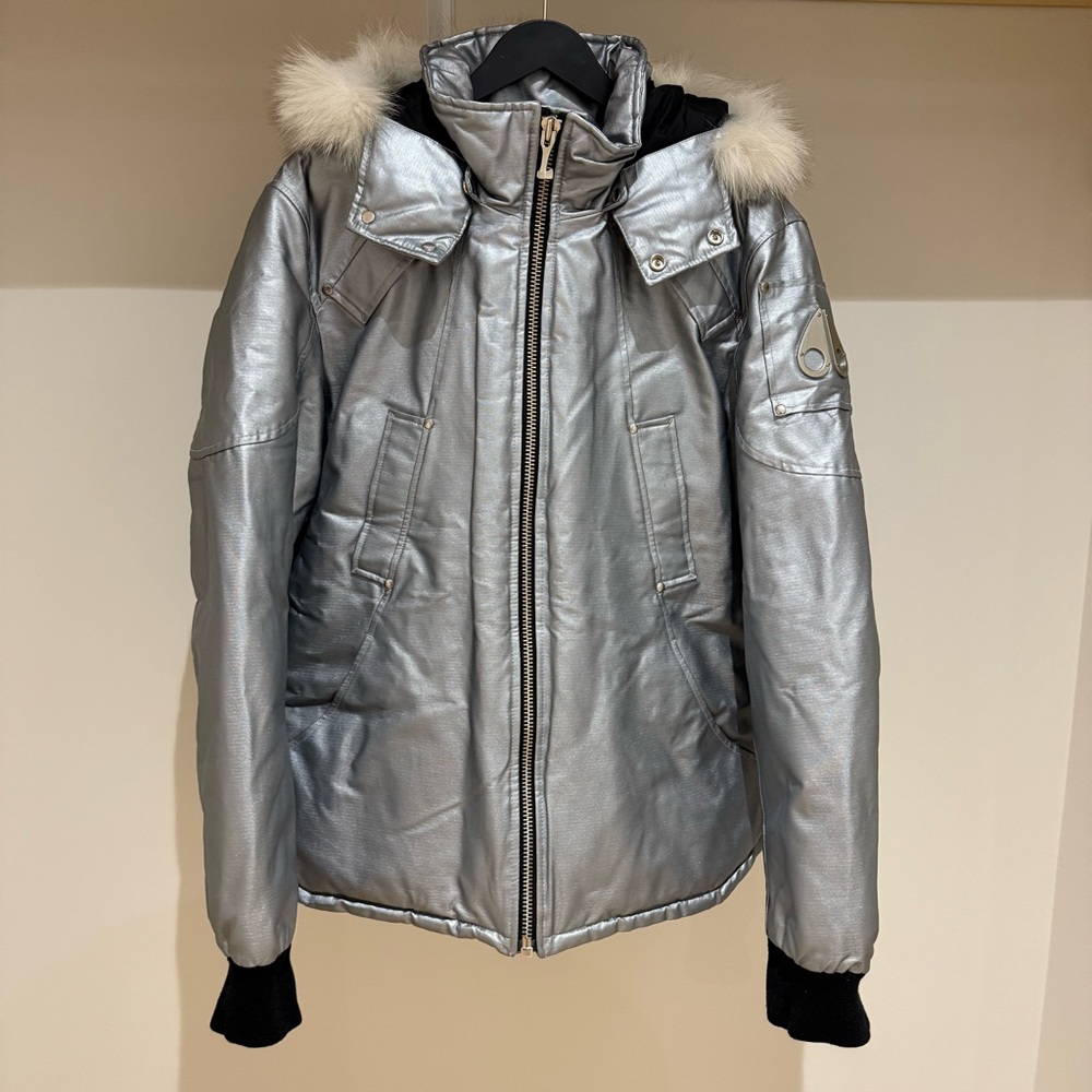 Moose Knuckles Canuck Jacket Silver XL Real Fur Trim Finland FW15 Rare Metallic